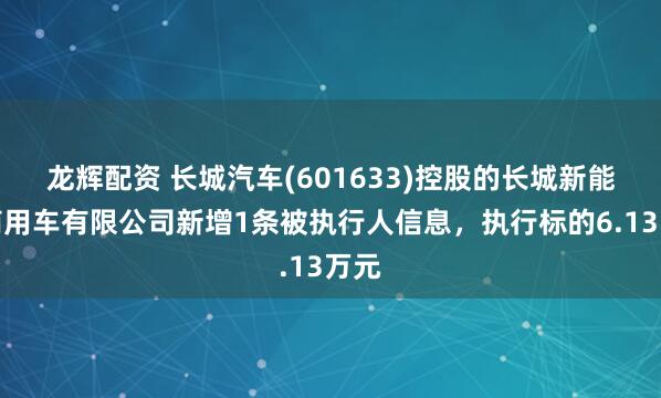 龙辉配资 长城汽车(601633)控股的长城新能源商用车有限公司新增1条被执行人信息，执行标的6.13万元
